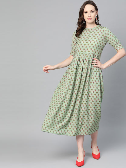 Green Floral Printed Maxi Dress With Round Neck & Gota Detailing On Sleeves | LASVINI - Redefining Indian Fashion with Elegance