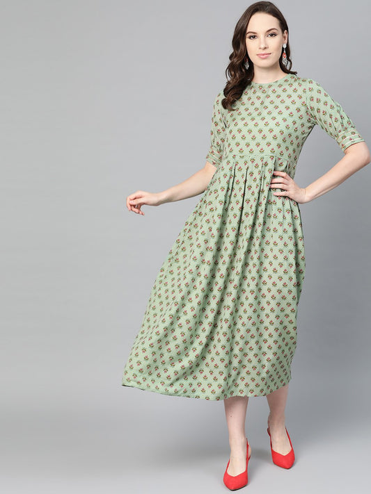Green Floral Printed Maxi Dress With Round Neck & Gota Detailing On Sleeves | LASVINI - Redefining Indian Fashion with Elegance