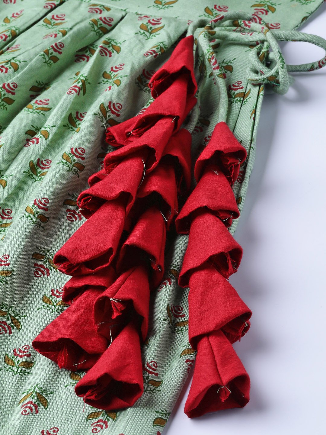 Green Floral Printed Maxi Dress With Round Neck & Gota Detailing On Sleeves | LASVINI - Redefining Indian Fashion with Elegance