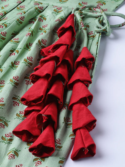 Green Floral Printed Maxi Dress With Round Neck & Gota Detailing On Sleeves | LASVINI - Redefining Indian Fashion with Elegance