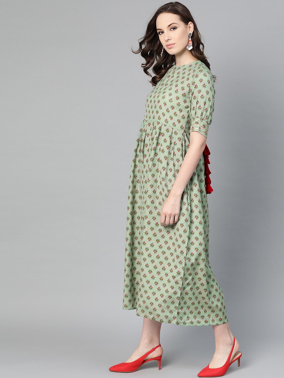 Green Floral Printed Maxi Dress With Round Neck & Gota Detailing On Sleeves | LASVINI - Redefining Indian Fashion with Elegance
