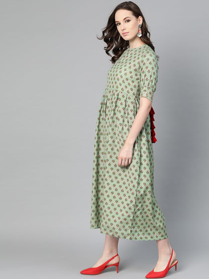 Green Floral Printed Maxi Dress With Round Neck & Gota Detailing On Sleeves | LASVINI - Redefining Indian Fashion with Elegance