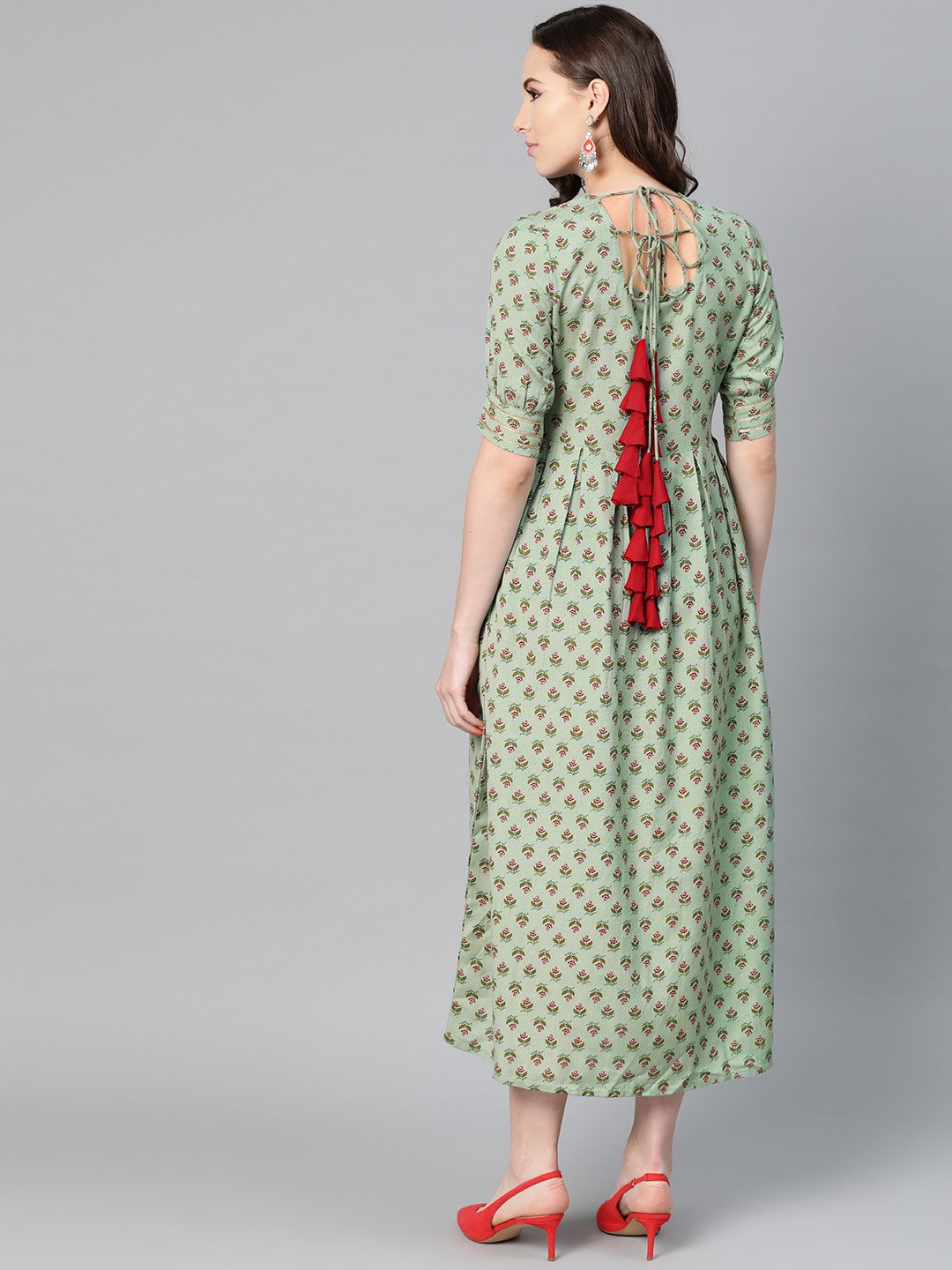 Green Floral Printed Maxi Dress With Round Neck & Gota Detailing On Sleeves | LASVINI - Redefining Indian Fashion with Elegance