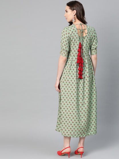 Green Floral Printed Maxi Dress With Round Neck & Gota Detailing On Sleeves | LASVINI - Redefining Indian Fashion with Elegance