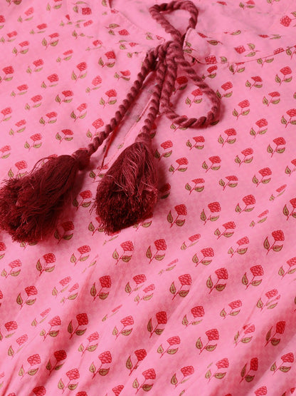 Pink Floral Printed Maxi Dress With Chinese Collar & 3/4 Sleeves | LASVINI - Redefining Indian Fashion with Elegance