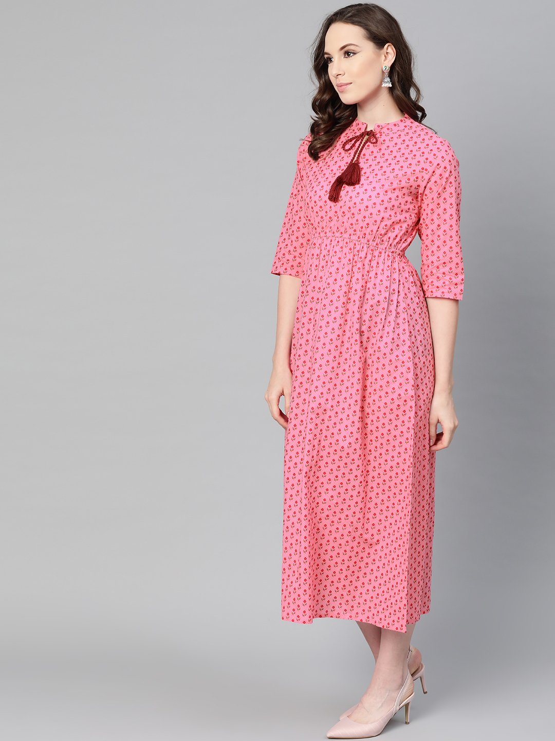 Pink Floral Printed Maxi Dress With Chinese Collar & 3/4 Sleeves | LASVINI - Redefining Indian Fashion with Elegance