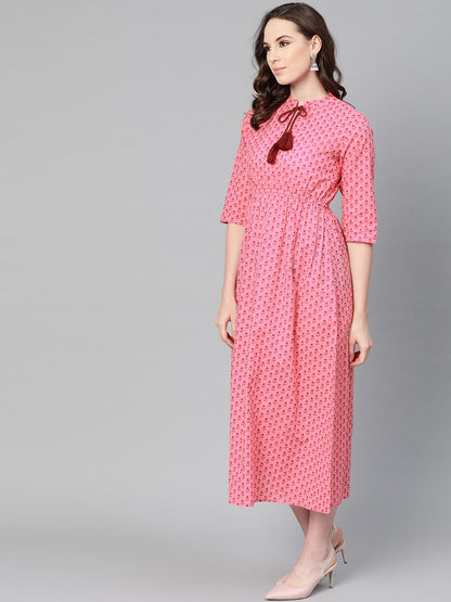 Pink Floral Printed Maxi Dress With Chinese Collar & 3/4 Sleeves | LASVINI - Redefining Indian Fashion with Elegance