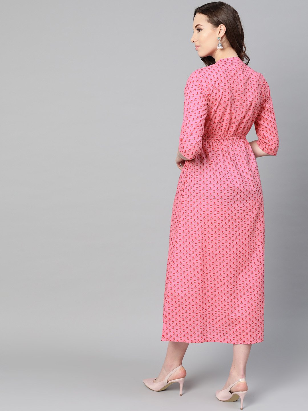 Pink Floral Printed Maxi Dress With Chinese Collar & 3/4 Sleeves | LASVINI - Redefining Indian Fashion with Elegance