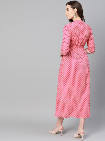 Pink Floral Printed Maxi Dress With Chinese Collar & 3/4 Sleeves | LASVINI - Redefining Indian Fashion with Elegance