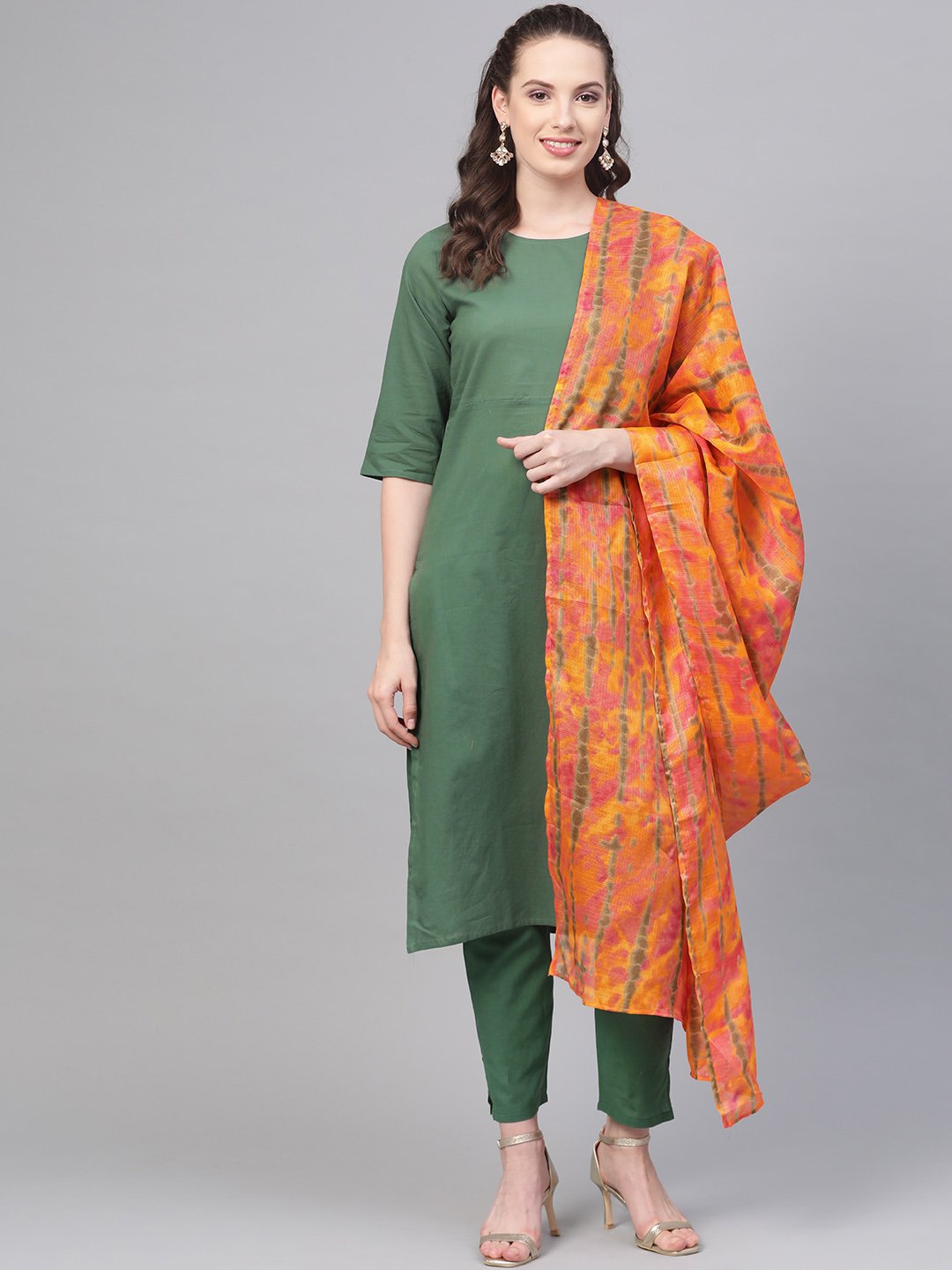 Solid Green Straight Kurta Set With Pants & Multi Colored Dupatta | LASVINI - Redefining Indian Fashion with Elegance