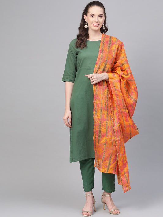 Solid Green Straight Kurta Set With Pants & Multi Colored Dupatta | LASVINI - Redefining Indian Fashion with Elegance