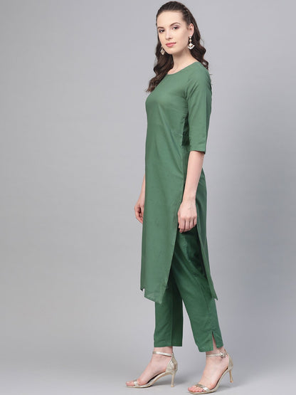 Solid Green Straight Kurta Set With Pants & Multi Colored Dupatta | LASVINI - Redefining Indian Fashion with Elegance