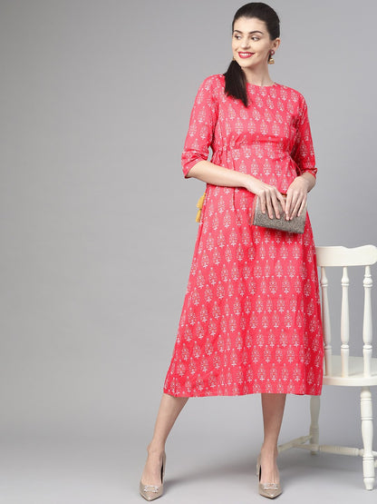 Women Pink & Gold Ethnic Motifs Printed Maxi Dress | LASVINI - Redefining Indian Fashion with Elegance