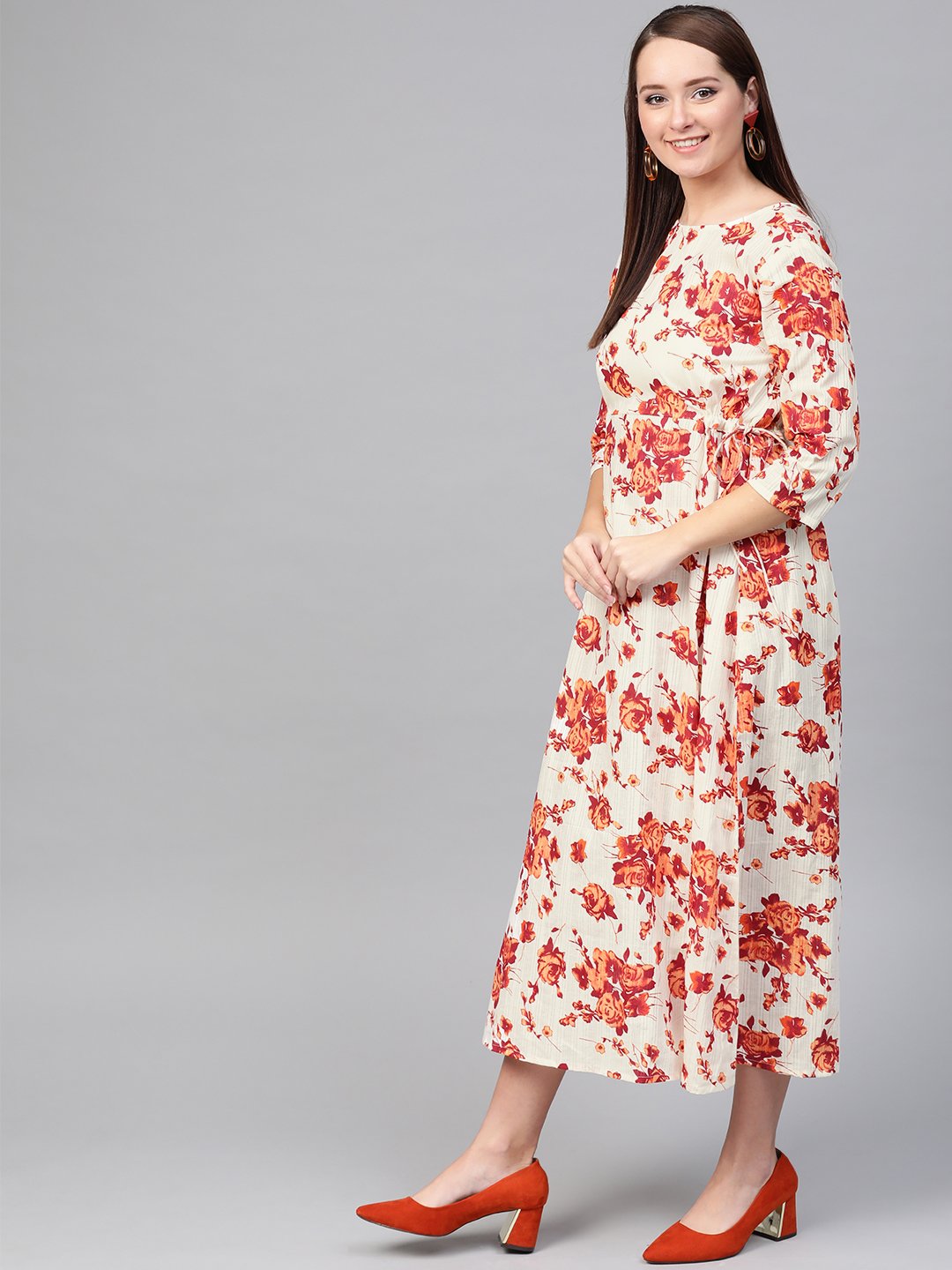 Women Off White & Orange Floral Printed Maxi Dress | LASVINI - Redefining Indian Fashion with Elegance