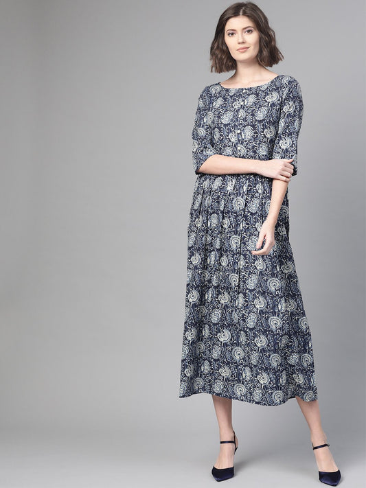 Women Navy Blue & Cream Floral Printed Maxi Dress | LASVINI - Redefining Indian Fashion with Elegance