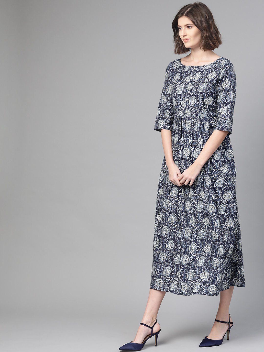 Women Navy Blue & Cream Floral Printed Maxi Dress | LASVINI - Redefining Indian Fashion with Elegance