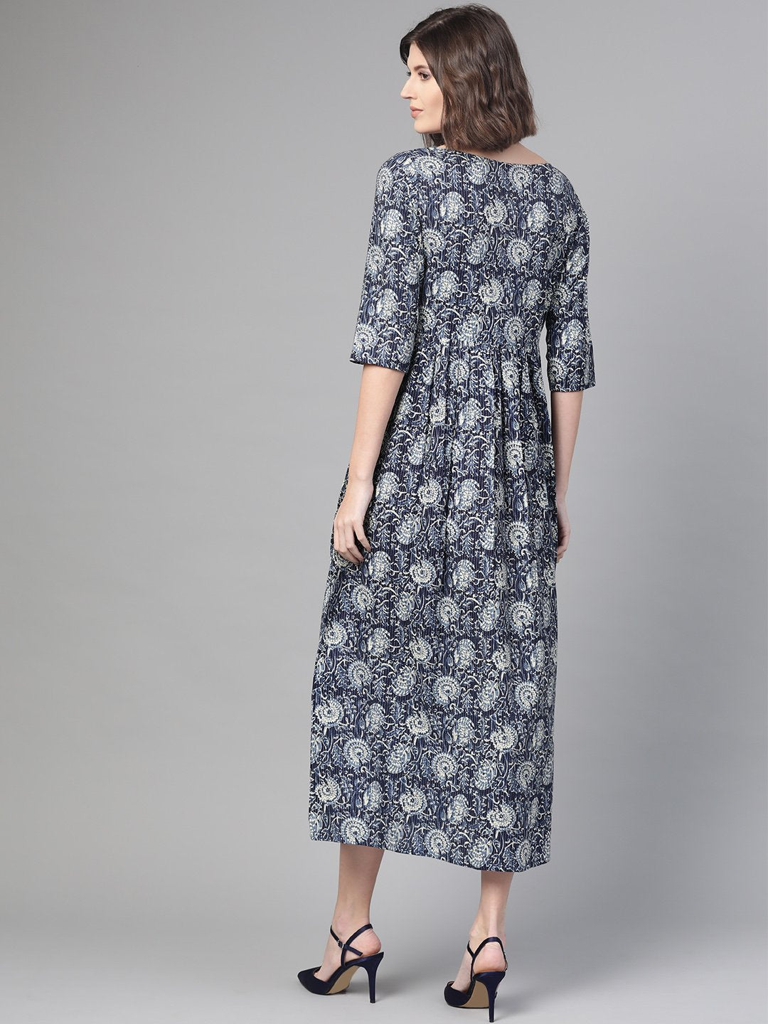 Women Navy Blue & Cream Floral Printed Maxi Dress | LASVINI - Redefining Indian Fashion with Elegance