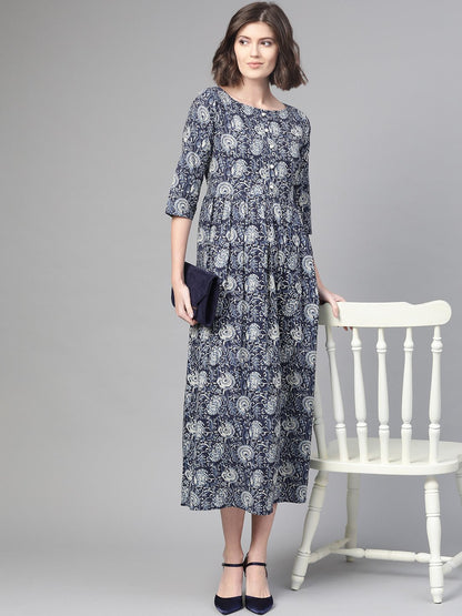 Women Navy Blue & Cream Floral Printed Maxi Dress | LASVINI - Redefining Indian Fashion with Elegance