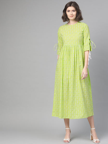 Women Lime Green & White Ethnic Motifs Printed Maxi Dress | LASVINI - Redefining Indian Fashion with Elegance