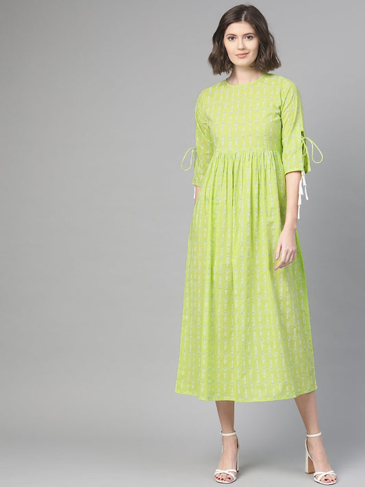 Women Lime Green & White Ethnic Motifs Printed Maxi Dress | LASVINI - Redefining Indian Fashion with Elegance