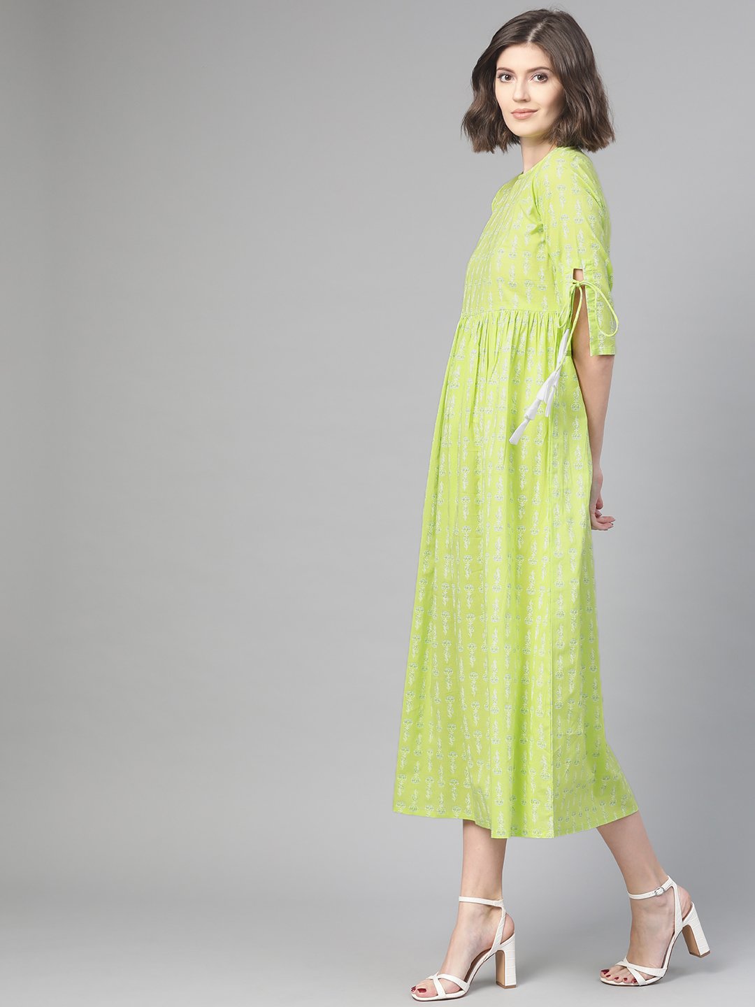 Women Lime Green & White Ethnic Motifs Printed Maxi Dress | LASVINI - Redefining Indian Fashion with Elegance