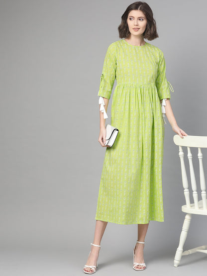 Women Lime Green & White Ethnic Motifs Printed Maxi Dress | LASVINI - Redefining Indian Fashion with Elegance