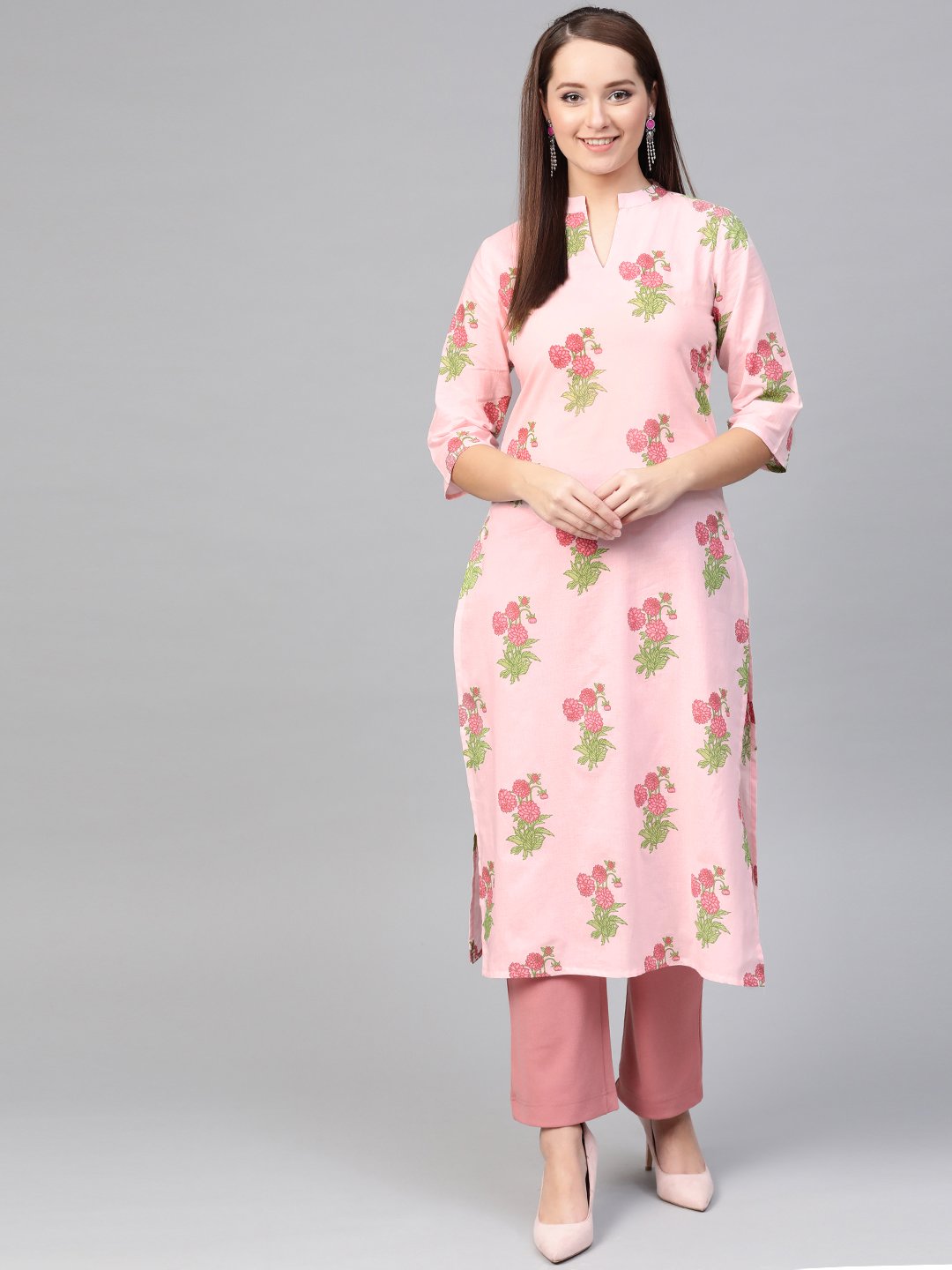 Women Pink & Green Cotton Straight Floral Printed Kurta | LASVINI - Redefining Indian Fashion with Elegance