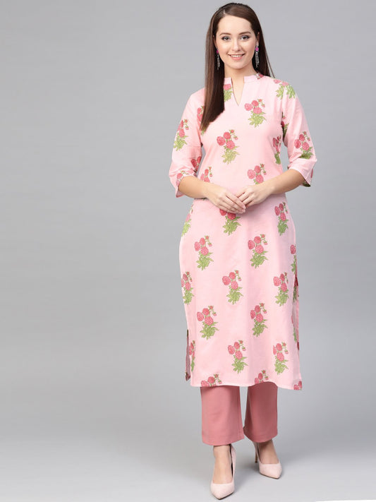 Women Pink & Green Cotton Straight Floral Printed Kurta | LASVINI - Redefining Indian Fashion with Elegance