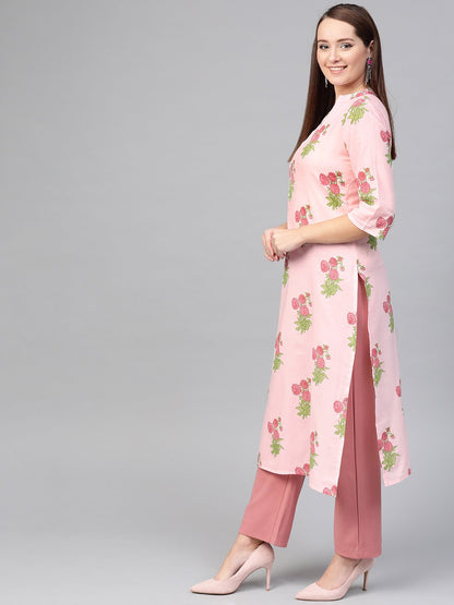 Women Pink & Green Cotton Straight Floral Printed Kurta | LASVINI - Redefining Indian Fashion with Elegance