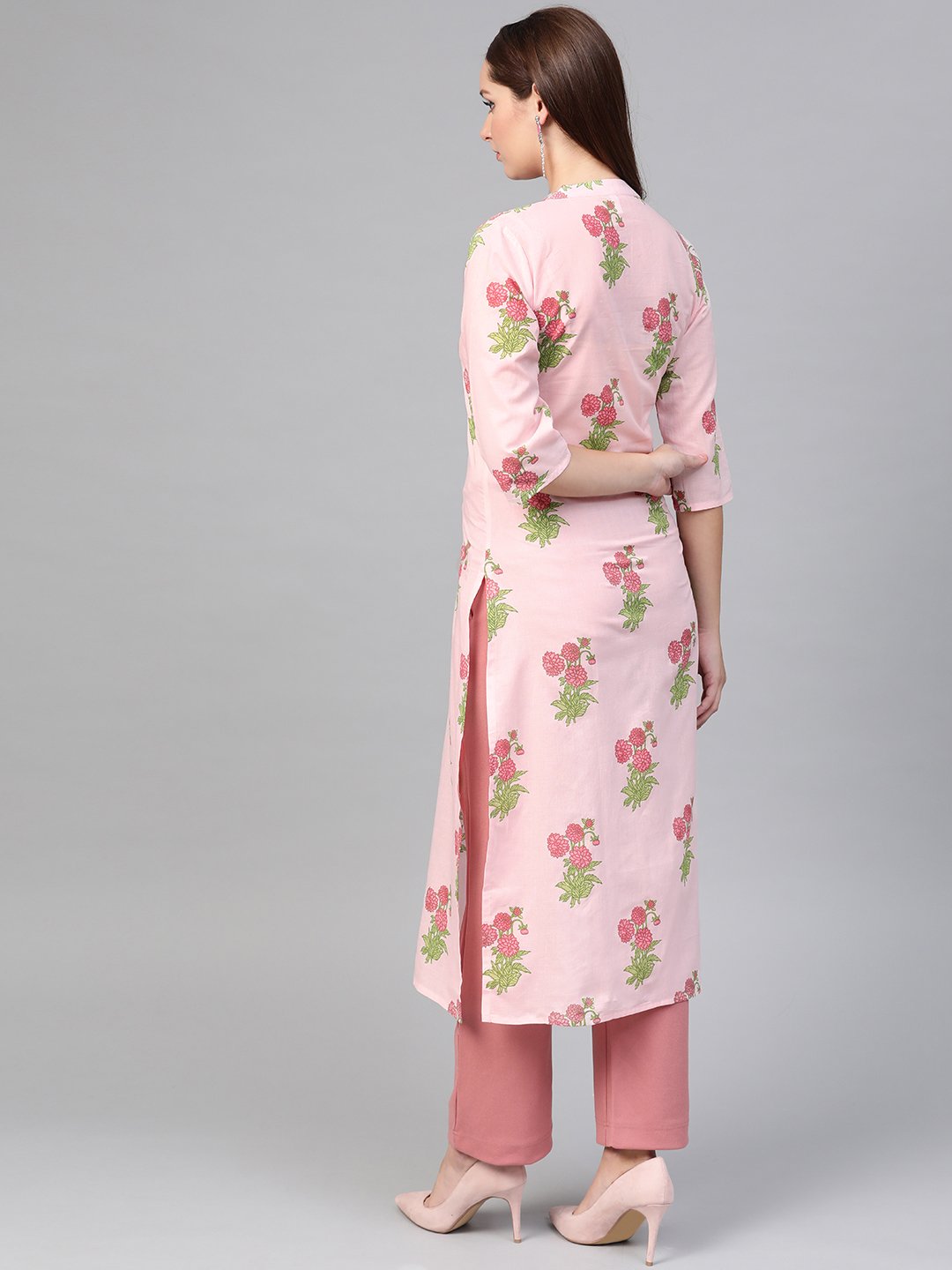 Women Pink & Green Cotton Straight Floral Printed Kurta | LASVINI - Redefining Indian Fashion with Elegance