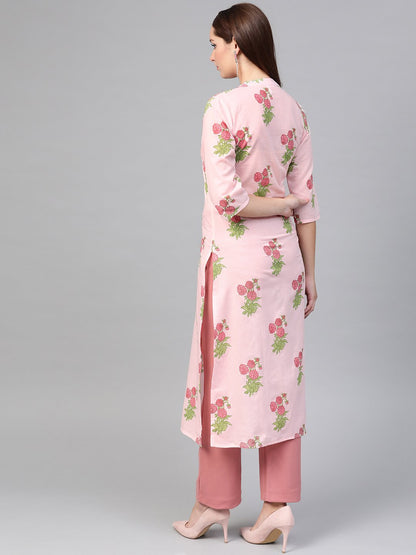 Women Pink & Green Cotton Straight Floral Printed Kurta | LASVINI - Redefining Indian Fashion with Elegance