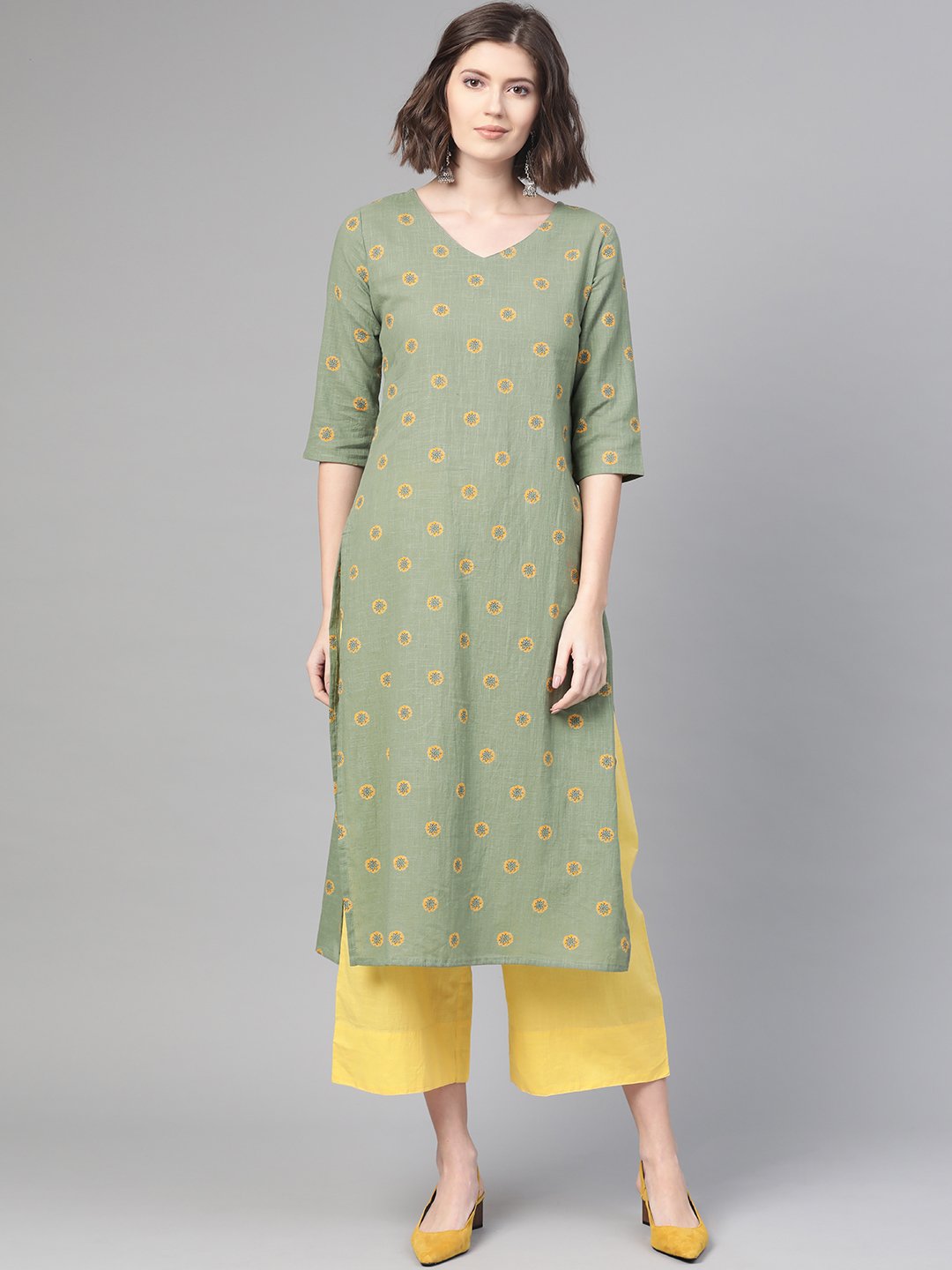 Women Green & Yellow Cotton Straight Floral Printed Kurta | LASVINI - Redefining Indian Fashion with Elegance