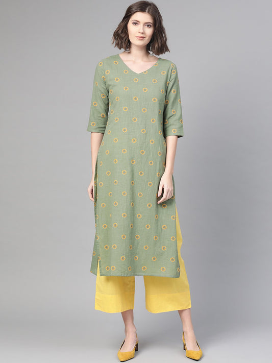 Women Green & Yellow Cotton Straight Floral Printed Kurta | LASVINI - Redefining Indian Fashion with Elegance