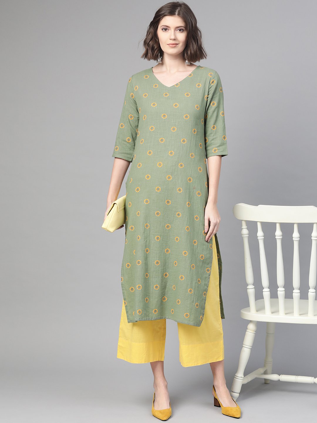 Women Green & Yellow Cotton Straight Floral Printed Kurta | LASVINI - Redefining Indian Fashion with Elegance