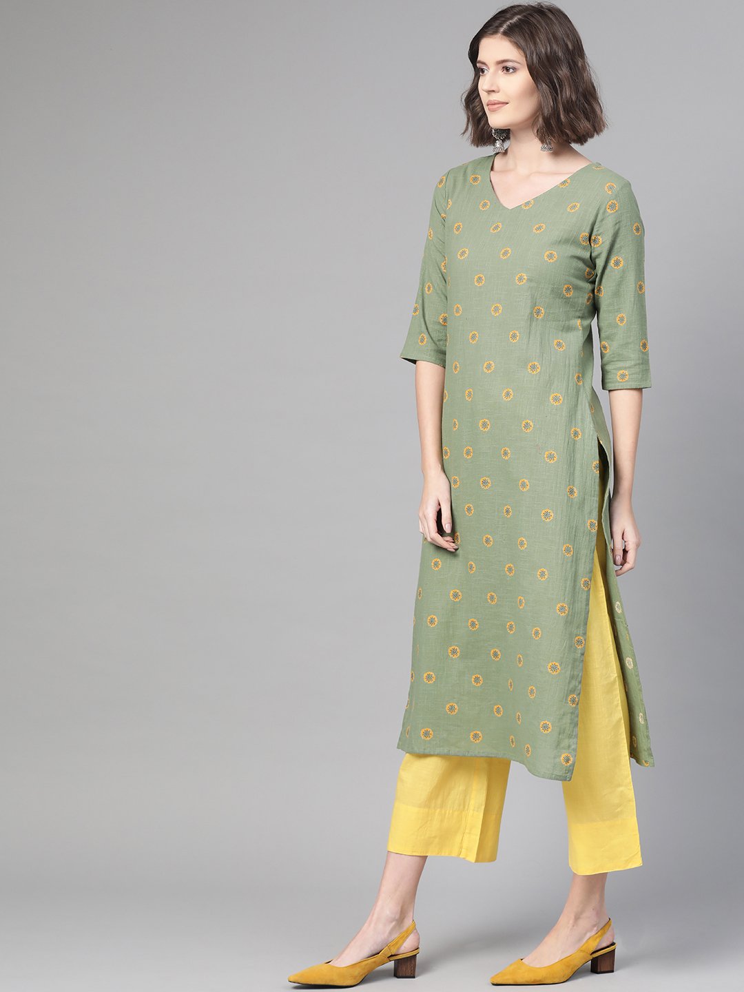 Women Green & Yellow Cotton Straight Floral Printed Kurta | LASVINI - Redefining Indian Fashion with Elegance