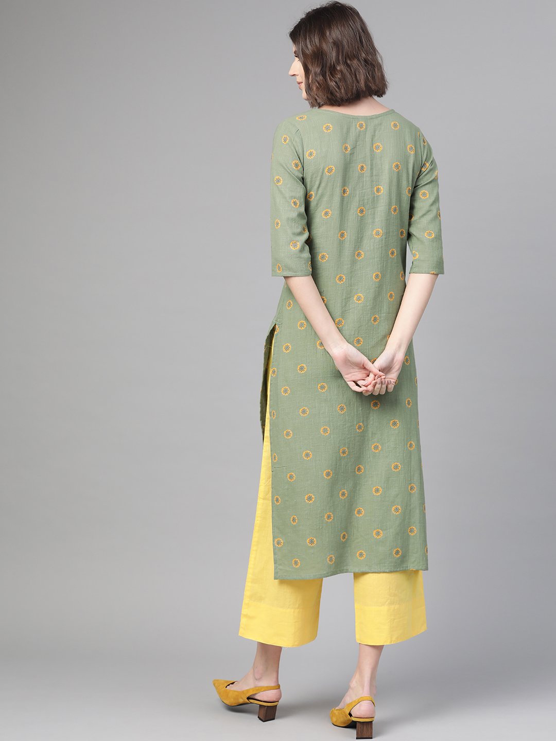 Women Green & Yellow Cotton Straight Floral Printed Kurta | LASVINI - Redefining Indian Fashion with Elegance