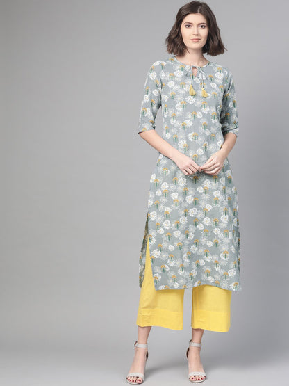 Women Grey & Yellow Cotton Straight Floral Printed Kurta | LASVINI - Redefining Indian Fashion with Elegance