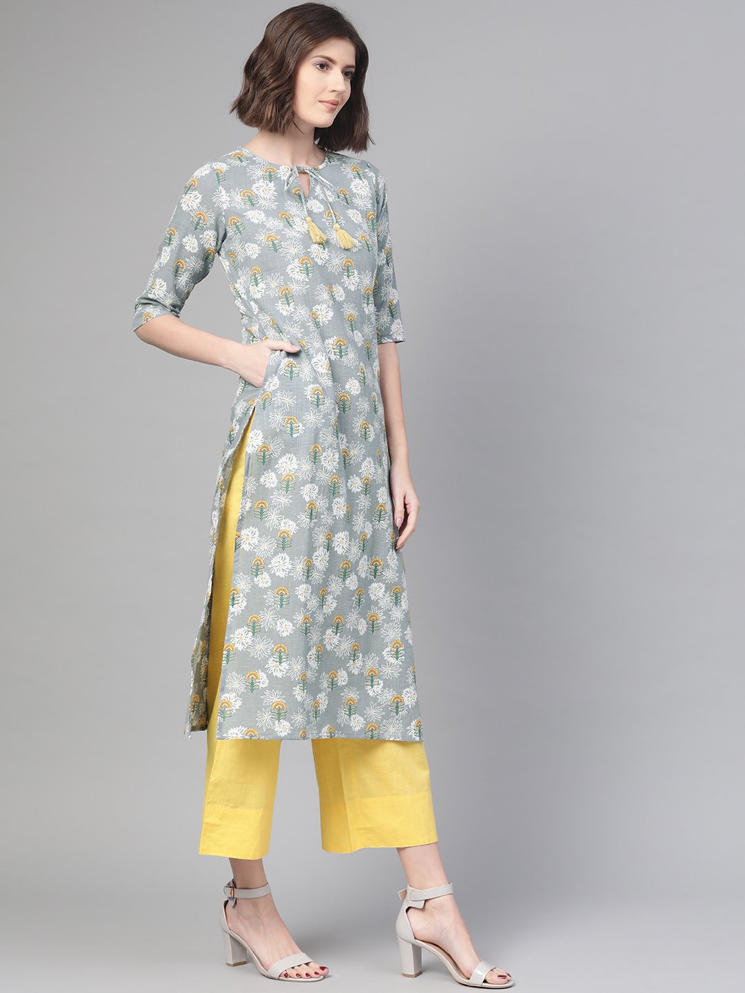 Women Grey & Yellow Cotton Straight Floral Printed Kurta | LASVINI - Redefining Indian Fashion with Elegance