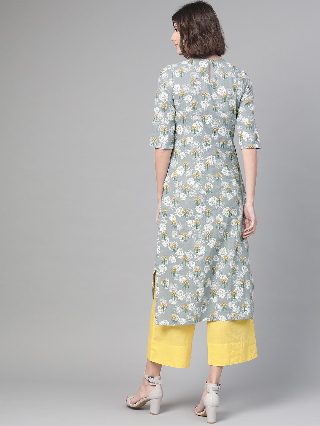Women Grey & Yellow Cotton Straight Floral Printed Kurta | LASVINI - Redefining Indian Fashion with Elegance