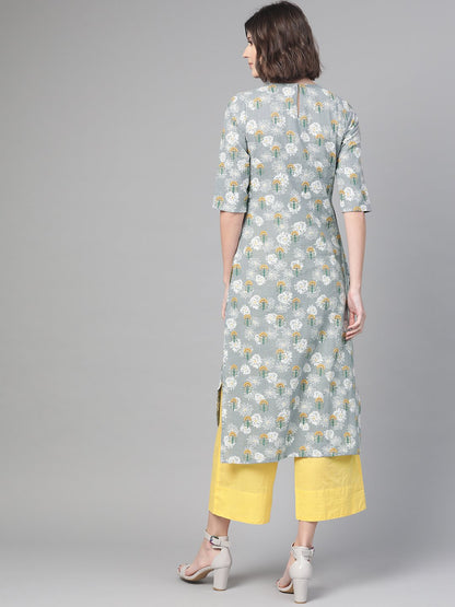 Women Grey & Yellow Cotton Straight Floral Printed Kurta | LASVINI - Redefining Indian Fashion with Elegance