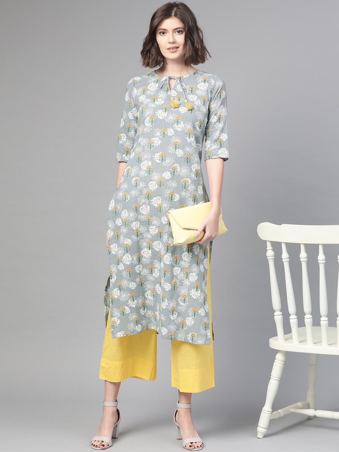 Women Grey & Yellow Cotton Straight Floral Printed Kurta | LASVINI - Redefining Indian Fashion with Elegance