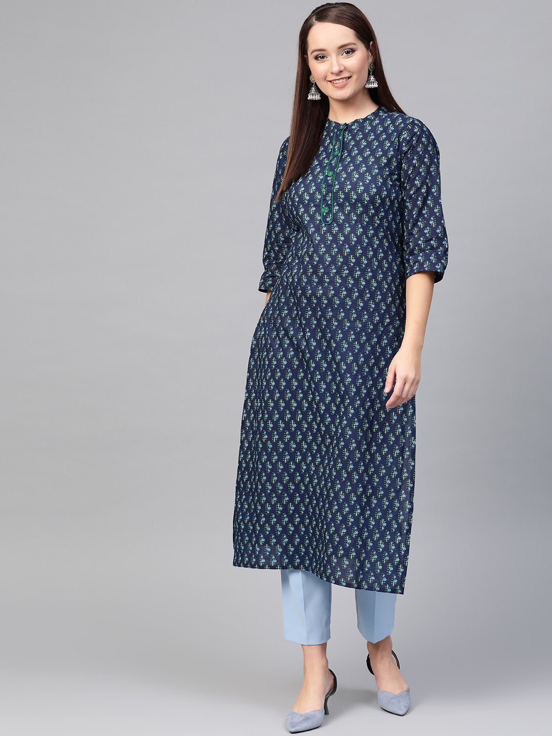 Women Navy Blue & Blue Cotton Straight Ethnic Motifs Printed Kurta | LASVINI - Redefining Indian Fashion with Elegance