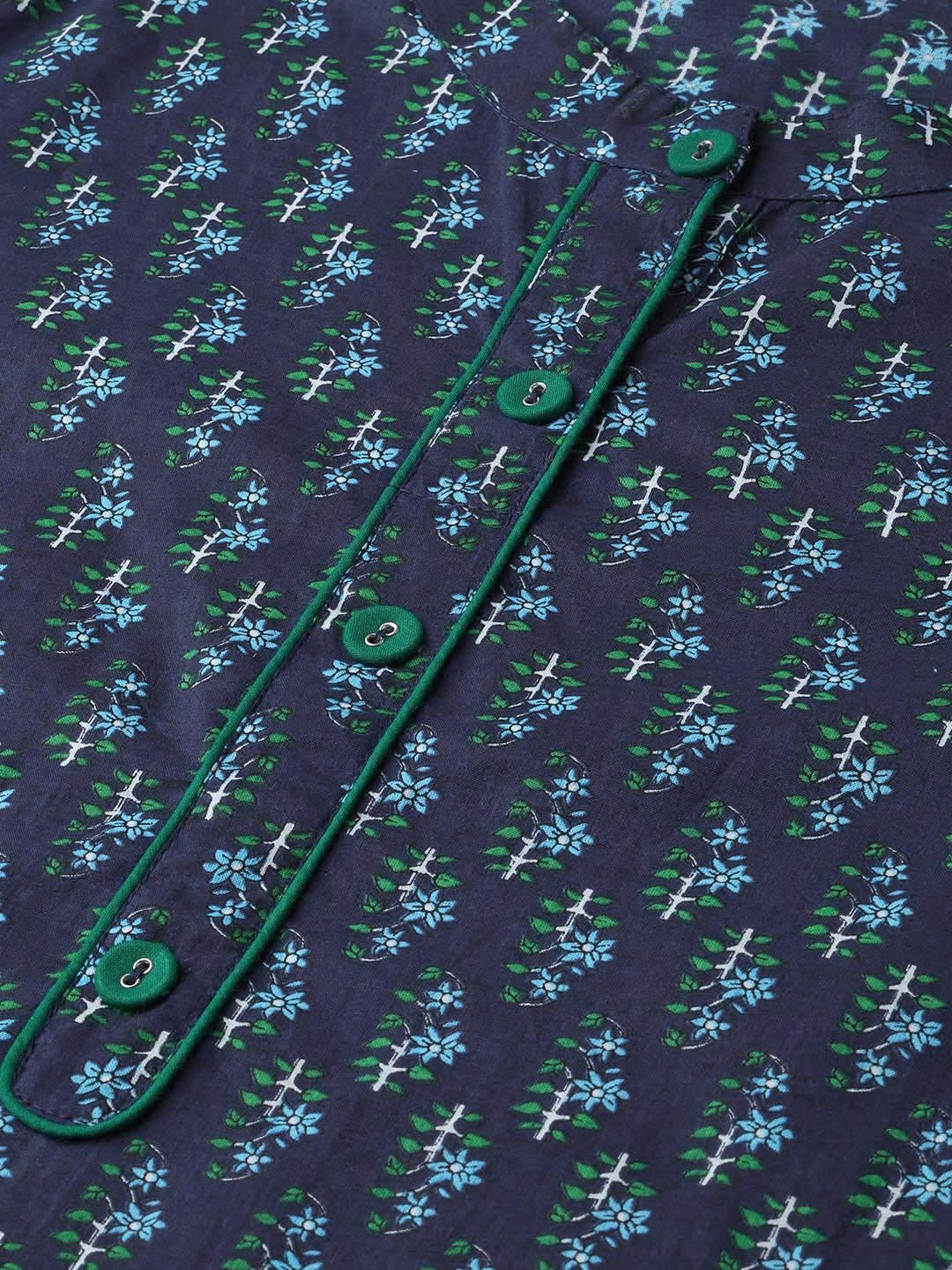 Women Navy Blue & Blue Cotton Straight Ethnic Motifs Printed Kurta | LASVINI - Redefining Indian Fashion with Elegance