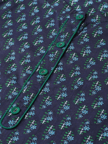 Women Navy Blue & Blue Cotton Straight Ethnic Motifs Printed Kurta | LASVINI - Redefining Indian Fashion with Elegance
