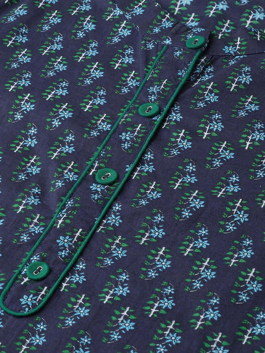 Women Navy Blue & Blue Cotton Straight Ethnic Motifs Printed Kurta | LASVINI - Redefining Indian Fashion with Elegance