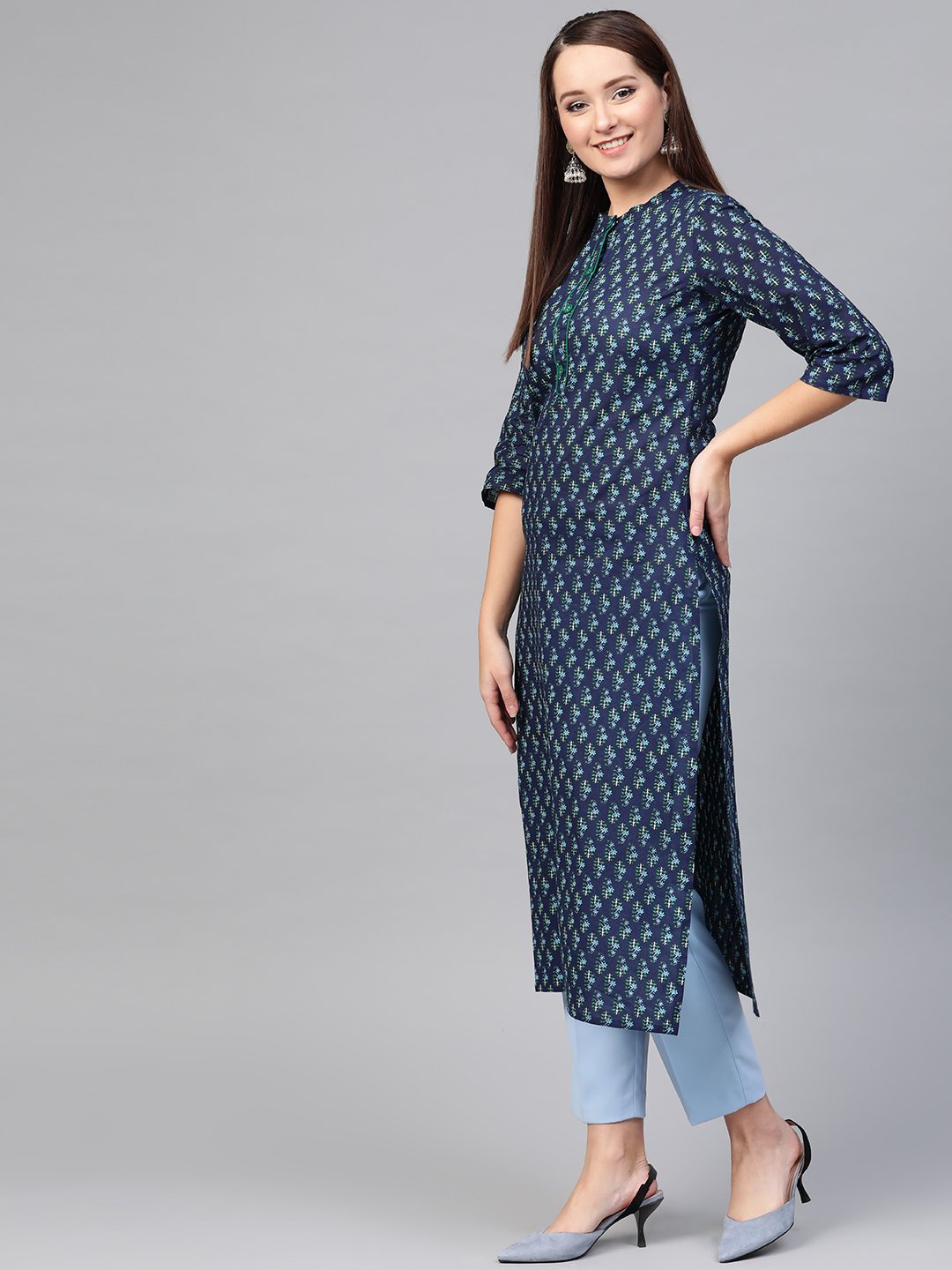 Women Navy Blue & Blue Cotton Straight Ethnic Motifs Printed Kurta | LASVINI - Redefining Indian Fashion with Elegance