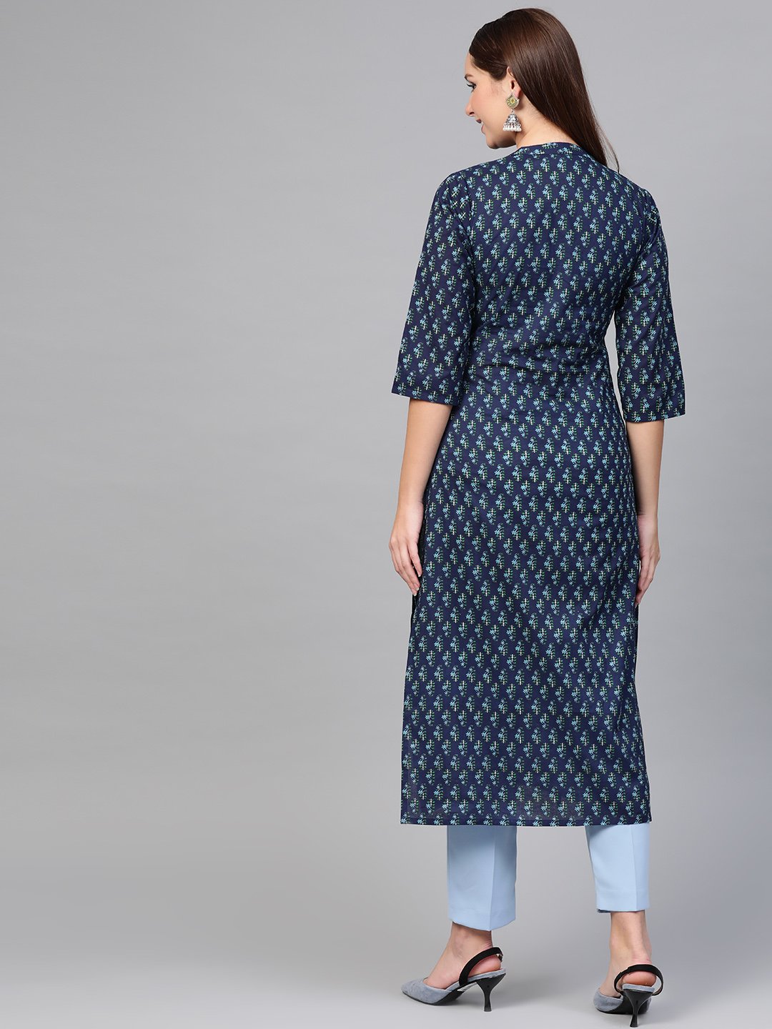 Women Navy Blue & Blue Cotton Straight Ethnic Motifs Printed Kurta | LASVINI - Redefining Indian Fashion with Elegance