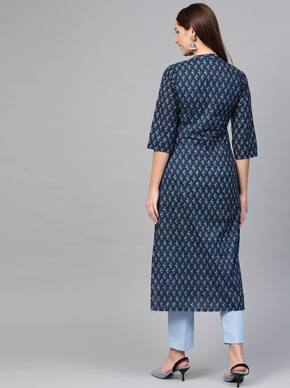 Women Navy Blue & Blue Cotton Straight Ethnic Motifs Printed Kurta | LASVINI - Redefining Indian Fashion with Elegance