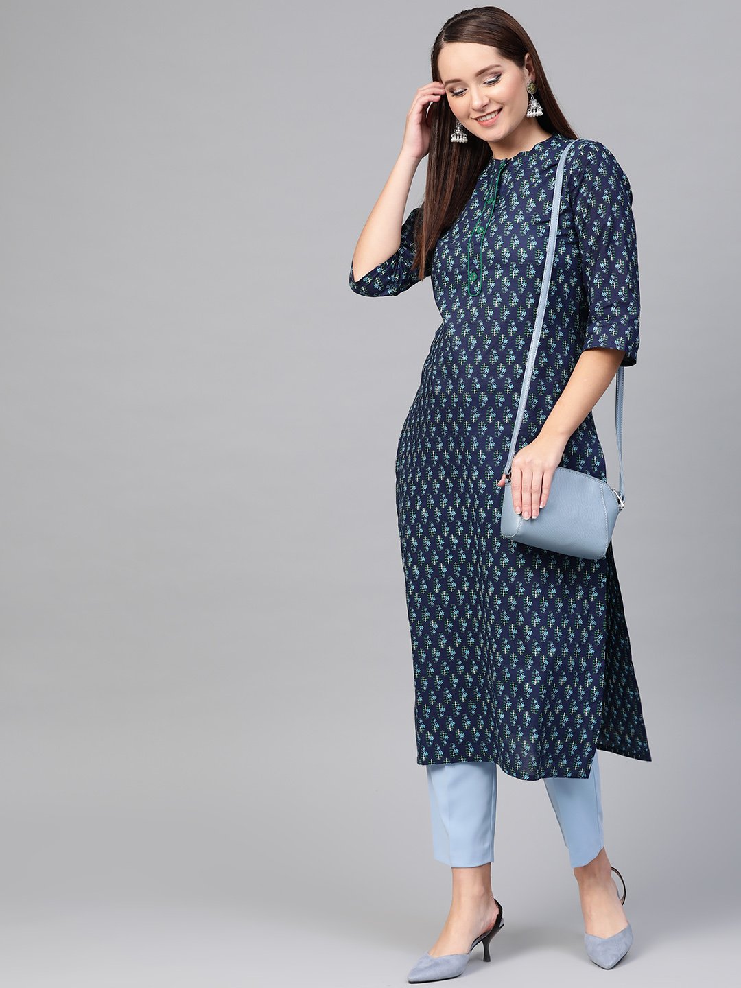 Women Navy Blue & Blue Cotton Straight Ethnic Motifs Printed Kurta | LASVINI - Redefining Indian Fashion with Elegance