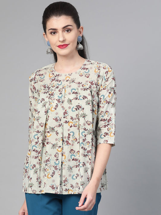 Women Green & Multi Empire Printed Top | LASVINI - Redefining Indian Fashion with Elegance